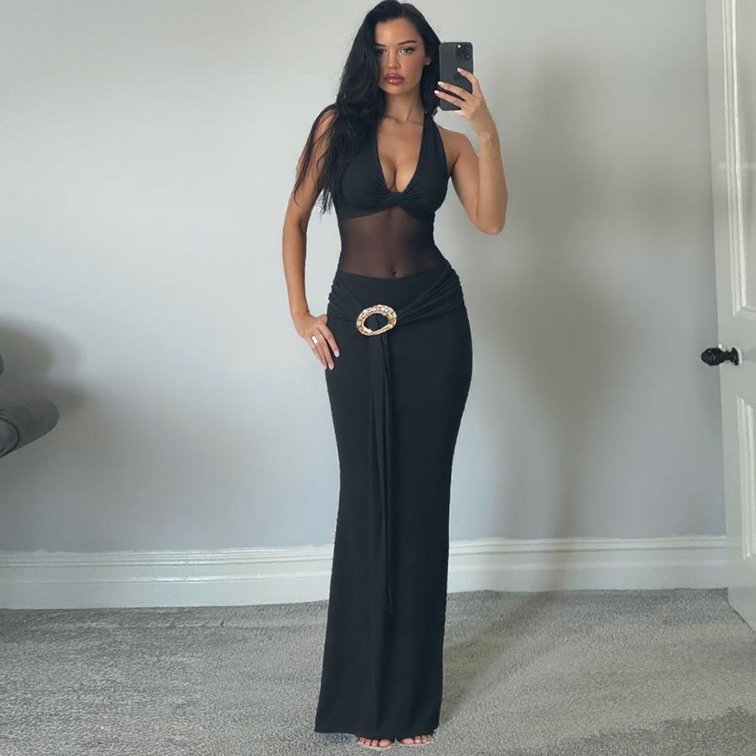 Damen Maxi-Überwurfkleid mit transparentem Material und eleganter Gürtelschnalle WW