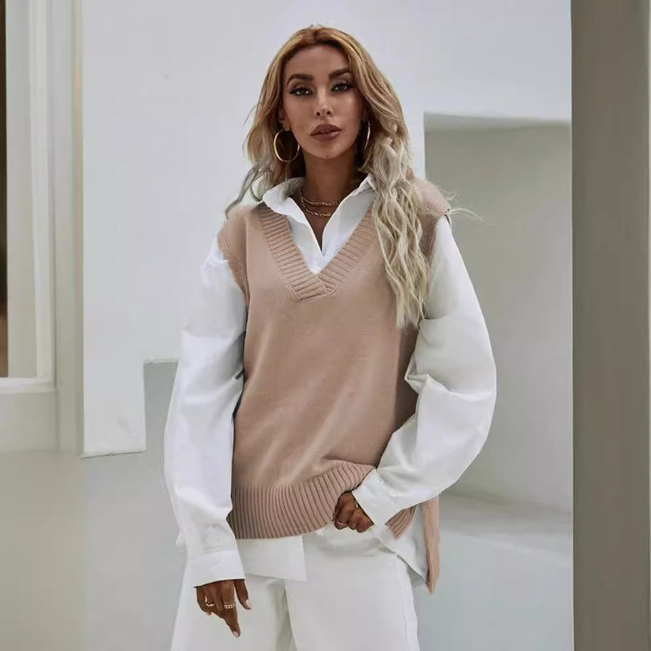 Damen Strickweste mit V-Ausschnitt und geripptem Saum WW