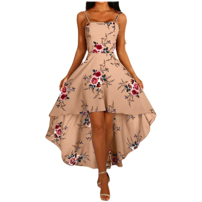 Damen asymmetrisches Blumenkleid mit dekorativen Spaghettiträgern und schwingendem Saum WW