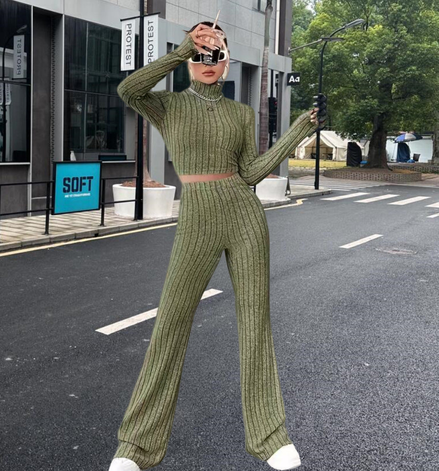 Damen Strick-Crop-Top und Palazzo-Hosen Set WW