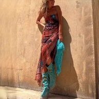 Damen Maxikleid mit asymmetrischem Ethno-Muster und schmalen Spaghettiträgern WW