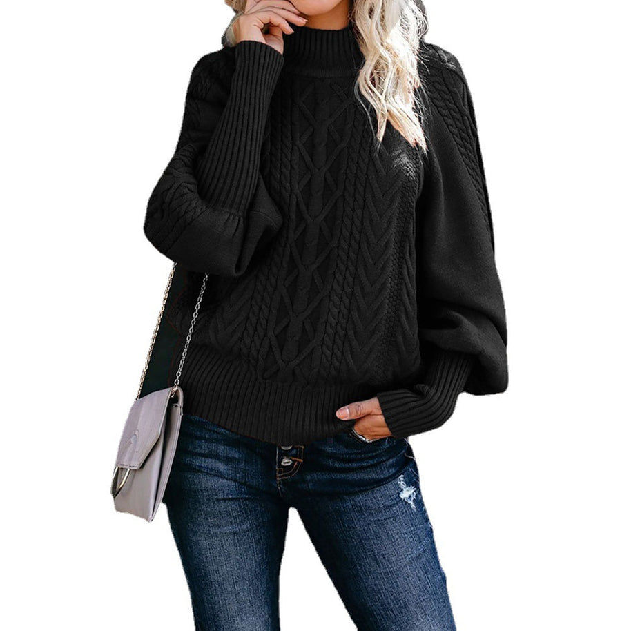 Damen Grober Strickpullover mit hohem Kragen und Ballonärmeln WW