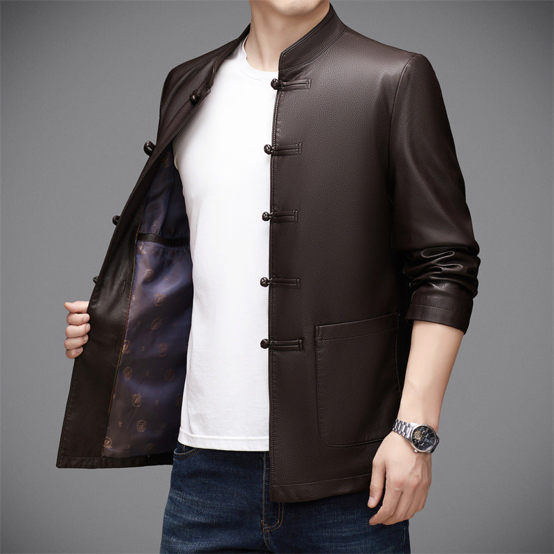 Herren Lederjacke mit asiatischem Stehkragen und praktischen Taschen WW