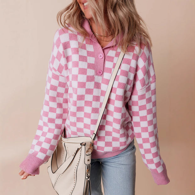 Damen gemütlicher Sweatpullover mit Karomuster und Knopfdetail WW