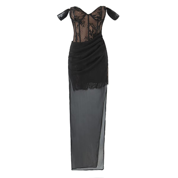 Damen aufwendiges Spitzenkleid mit eleganten Rüschendetails WW