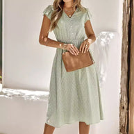 Damen luftiges Midi-Kleid mit Rüschendetails und Knopfleiste WW