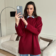 Damen Bequemer und eleganter Strickpullover mit seitlichem Schlitz WW
