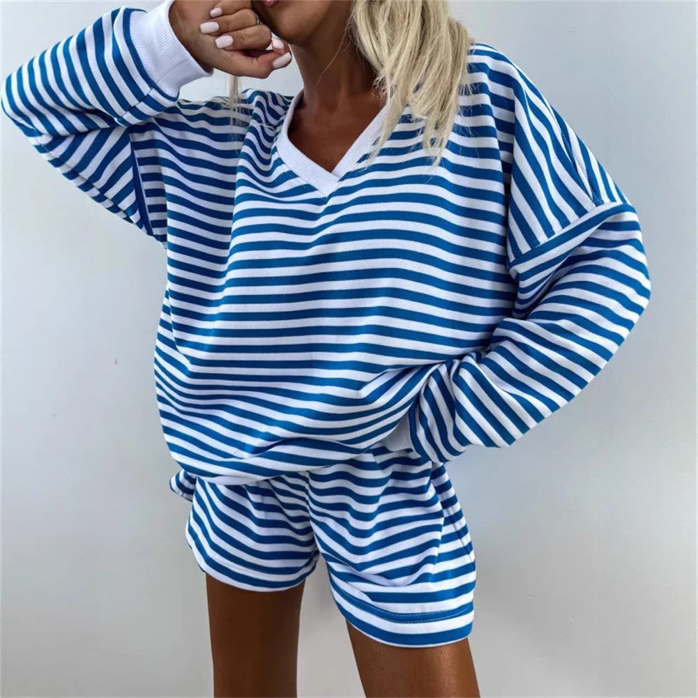 Damen lässiges V-Ausschnitt Sweatshirt und kurze Sporthosen Set WW