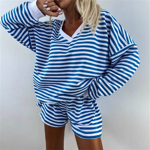 Damen lässiges V-Ausschnitt Sweatshirt und kurze Sporthosen Set WW