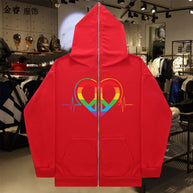 Damen sportlicher Kapuzenpullover mit buntem Herzmotiv und praktischen Taschen WW