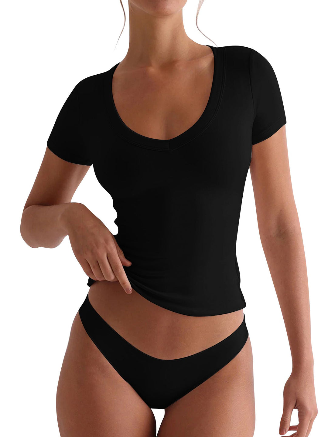 Damen figurbetontes V-Neck T-Shirt mit kurzen Ärmeln W&W Mode
