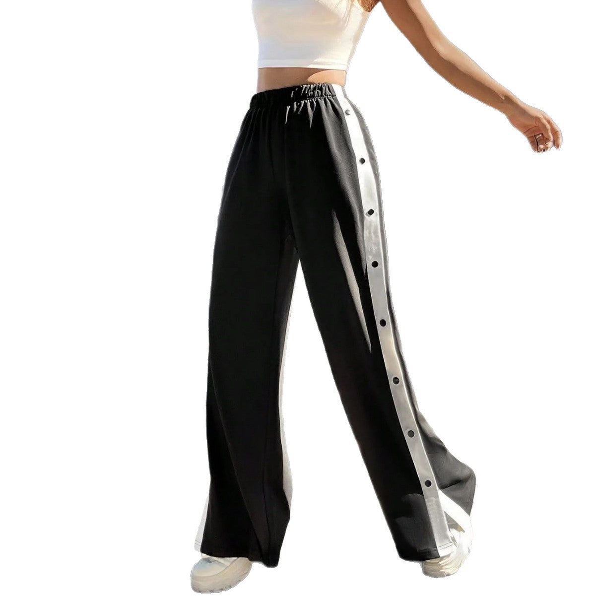 Damen Sportliche Palazzo-Hosen mit seitlichen Druckknöpfen und elastischem Bund WW