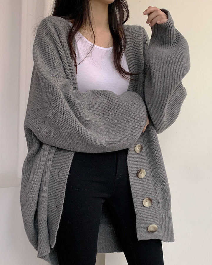 W&W Mode V-Ausschnitt einreihig lockerer Laternenärmel Strickcardigan