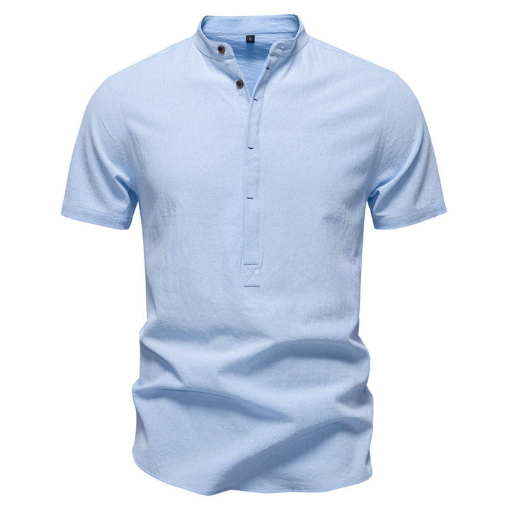 Herren nan lässiges Kurzarmshirt mit Stehkragen, halber Knopfleiste und leicht strukturierter Baumwoll-Leinen-Qualität W&W Mode