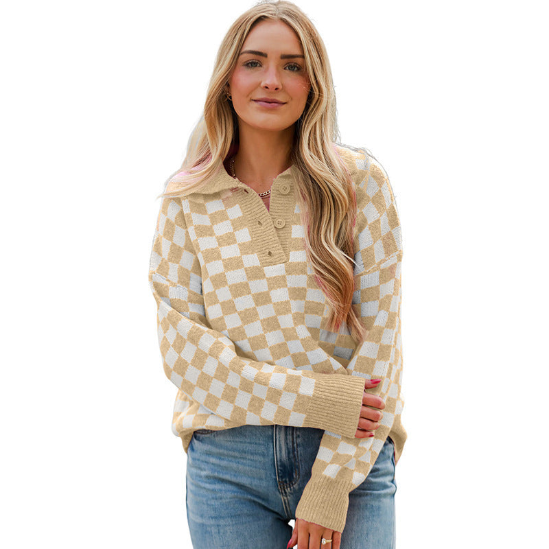 Damen gemütlicher Sweatpullover mit Karomuster und Knopfdetail WW