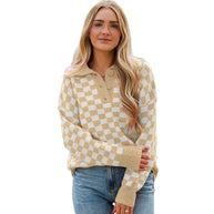 Damen gemütlicher Sweatpullover mit Karomuster und Knopfdetail WW