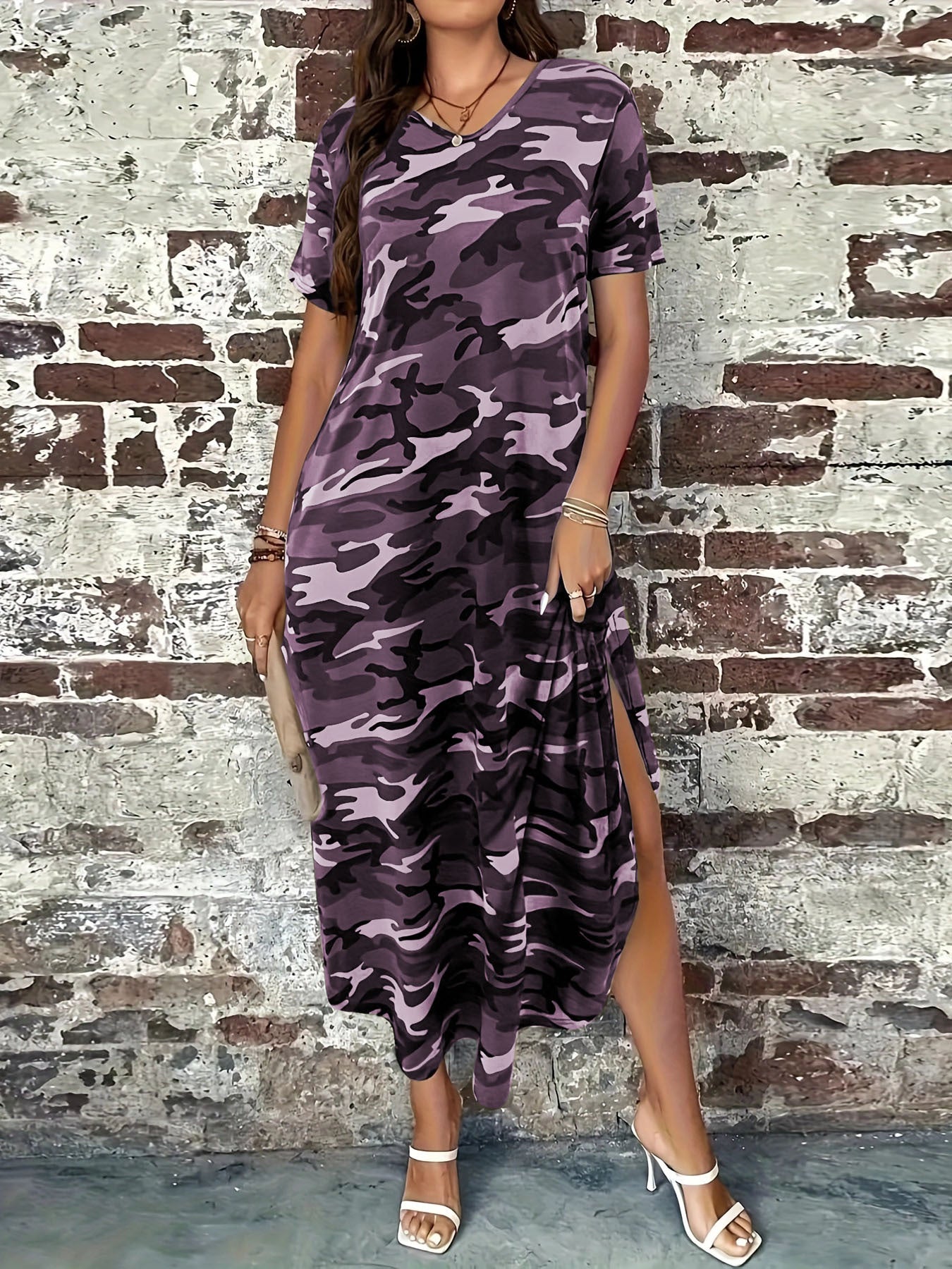 Damen Maxikleid mit lässigem Camouflage-Design und praktischen Taschen WW