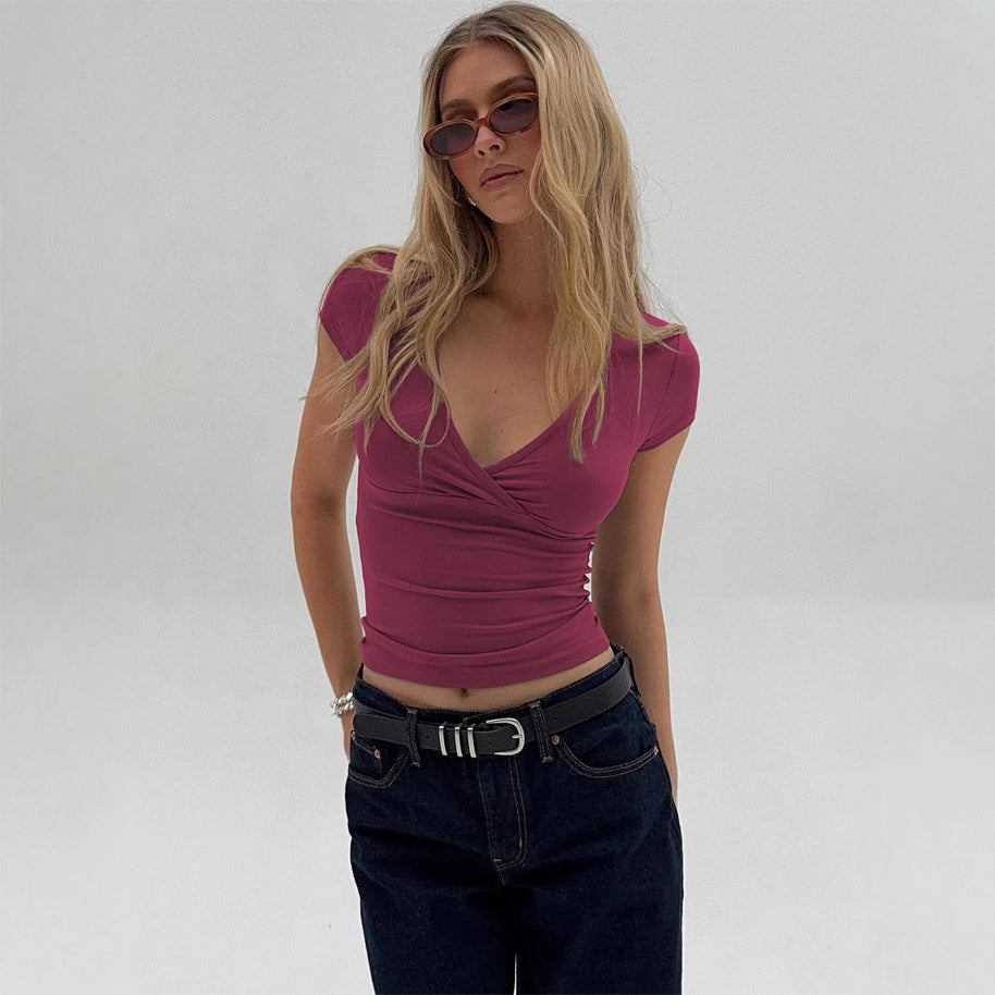 Damen Stilvolles Wickel V-Ausschnitt Top WW