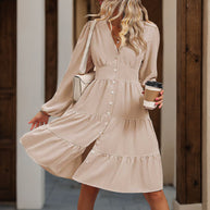 Damen Knielanges Wickelkleid mit Rüschen und Knopfdetails WW