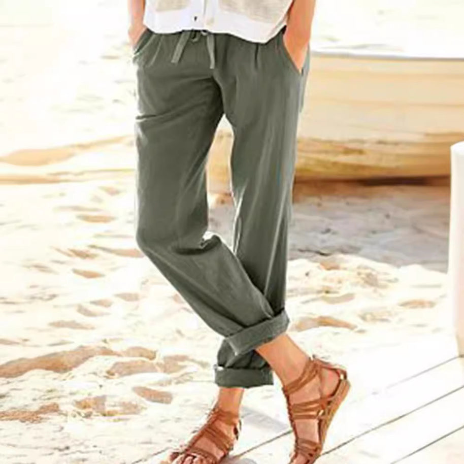 Damen bequeme Leinenhose mit elastischem Bund und seitlichen Taschen WW