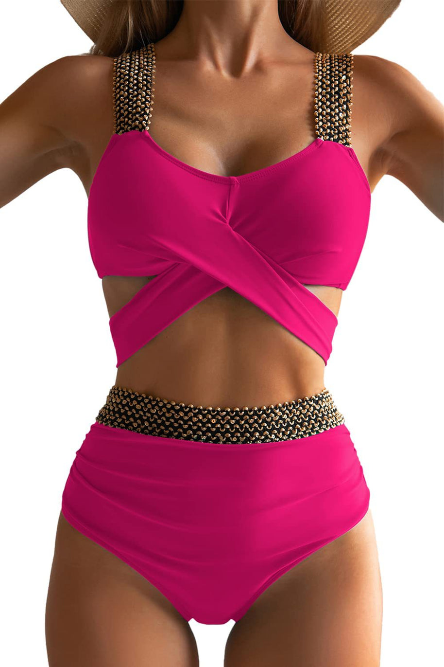 Damen Hochgeschnittener Bikini mit modischem Wickeloberteil und glamourösen Akzenten WW