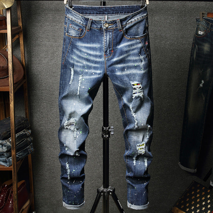 Herren Ripped Jeans im kreativen Farbspray-Design WW
