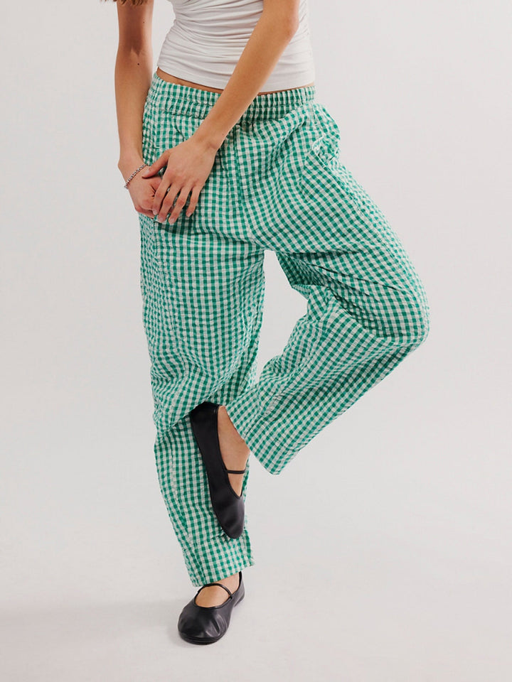 Damenhose mit Karomuster, mittlerer Taille und Taschen
