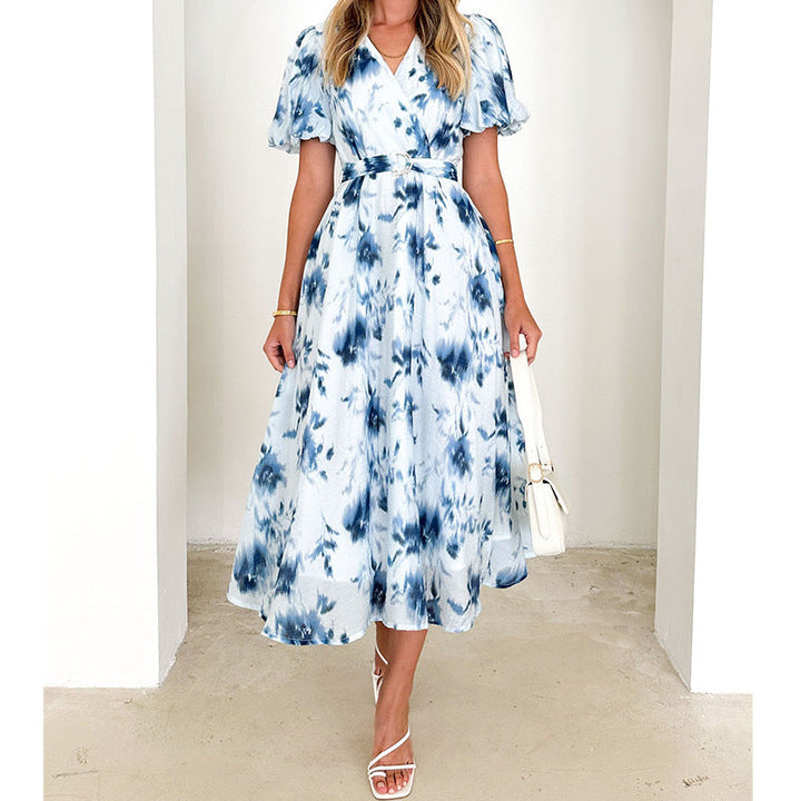 Damen Midikleid mit tailliertem Schnitt, voluminösen Ärmeln und elegantem Wellenmuster W&W Mode