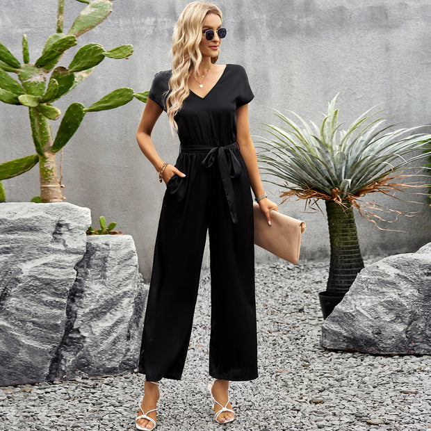 Damen eleganter Jumpsuit mit V-Ausschnitt und Bindegürtel WW