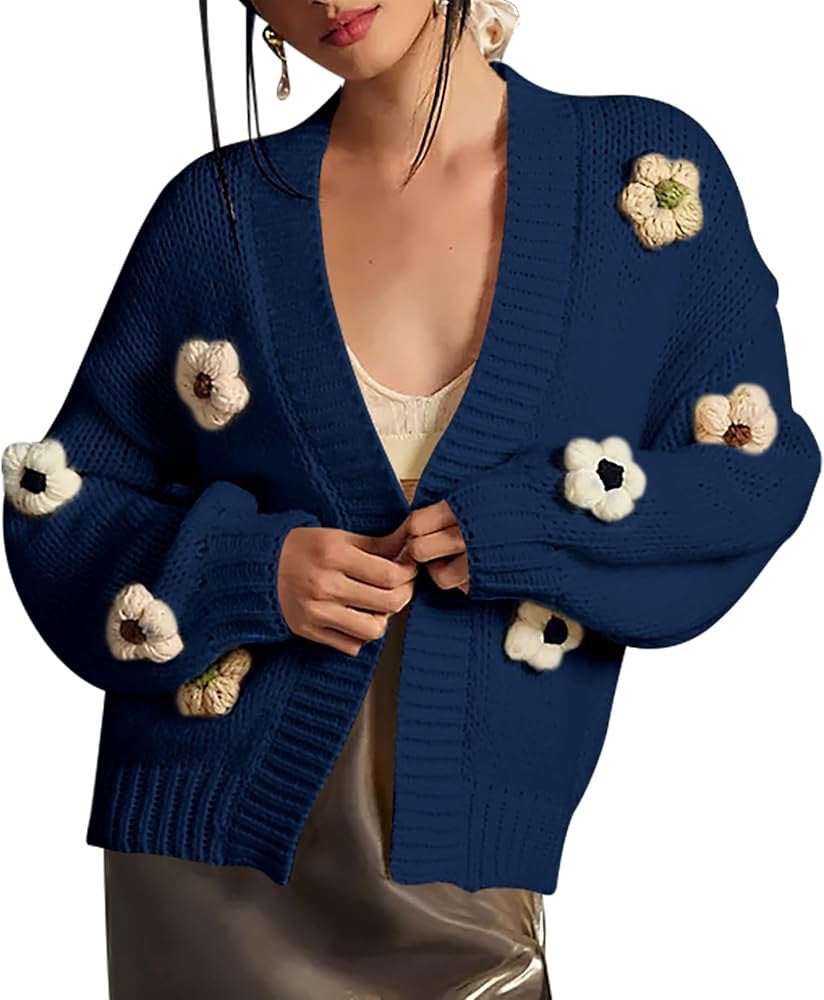 Damen Strickjacke mit Blumenapplikationen WW