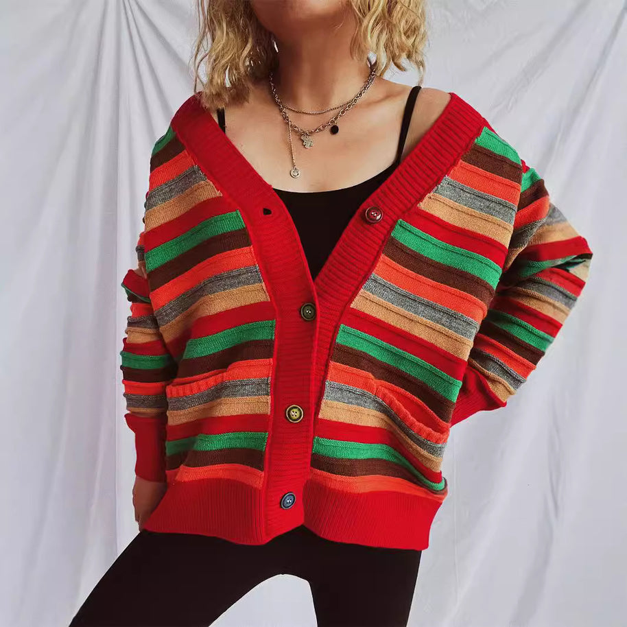 Damen Strickjacke mit buntem Streifenmuster und knöpfbarem Design WW