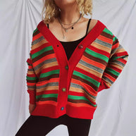 Damen Strickjacke mit buntem Streifenmuster und knöpfbarem Design WW