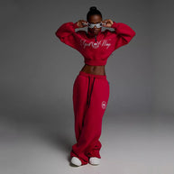 Damen Sportliches Cropped Sweatshirt und lässige Freizeithose Set WW