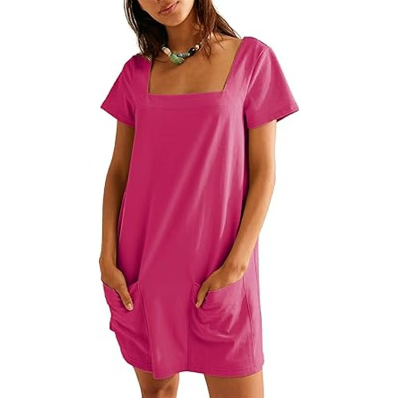 Damen lässiges Tunika-Kleid mit praktischen Taschen und Quadrat-Ausschnitt WW