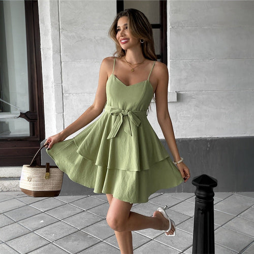 Damen lässiges Wickelkleid mit voluminösem Rock und schmalen Spaghetti-Trägern W&W Mode