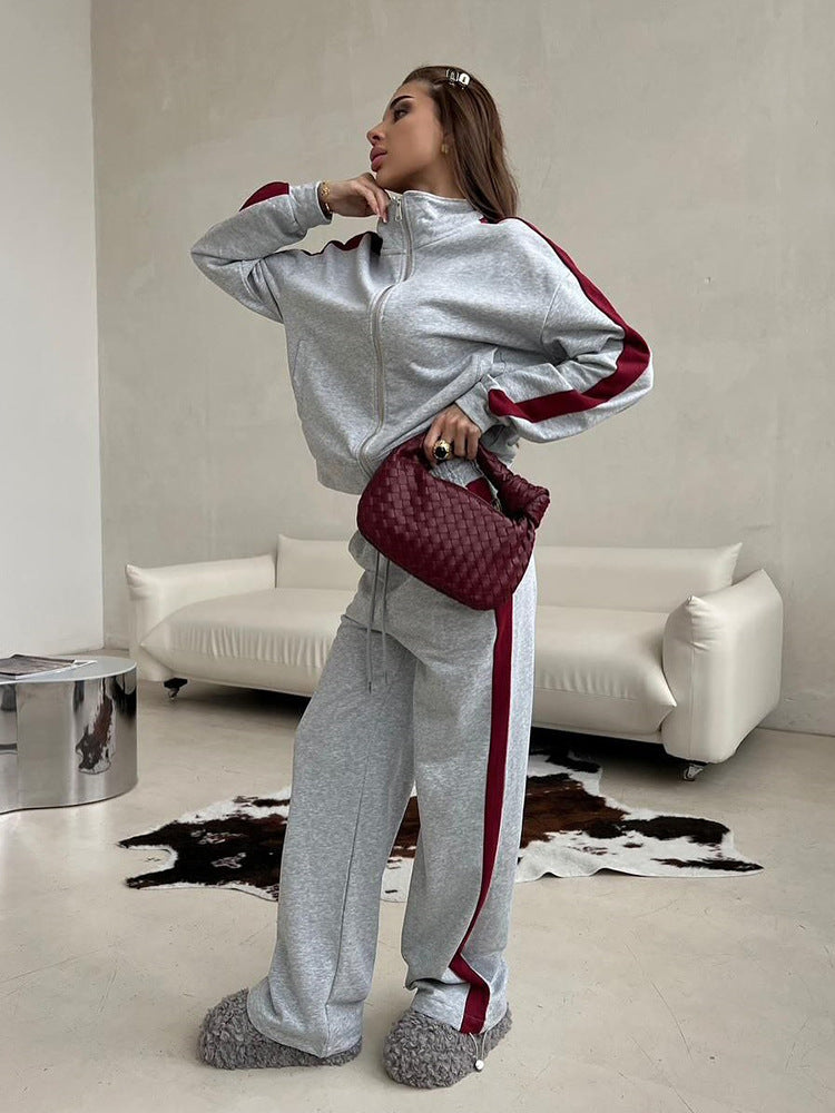 Damen sportlicher Fleece-Jogginganzug mit hohem Kragen und seitlichen Nähten WW