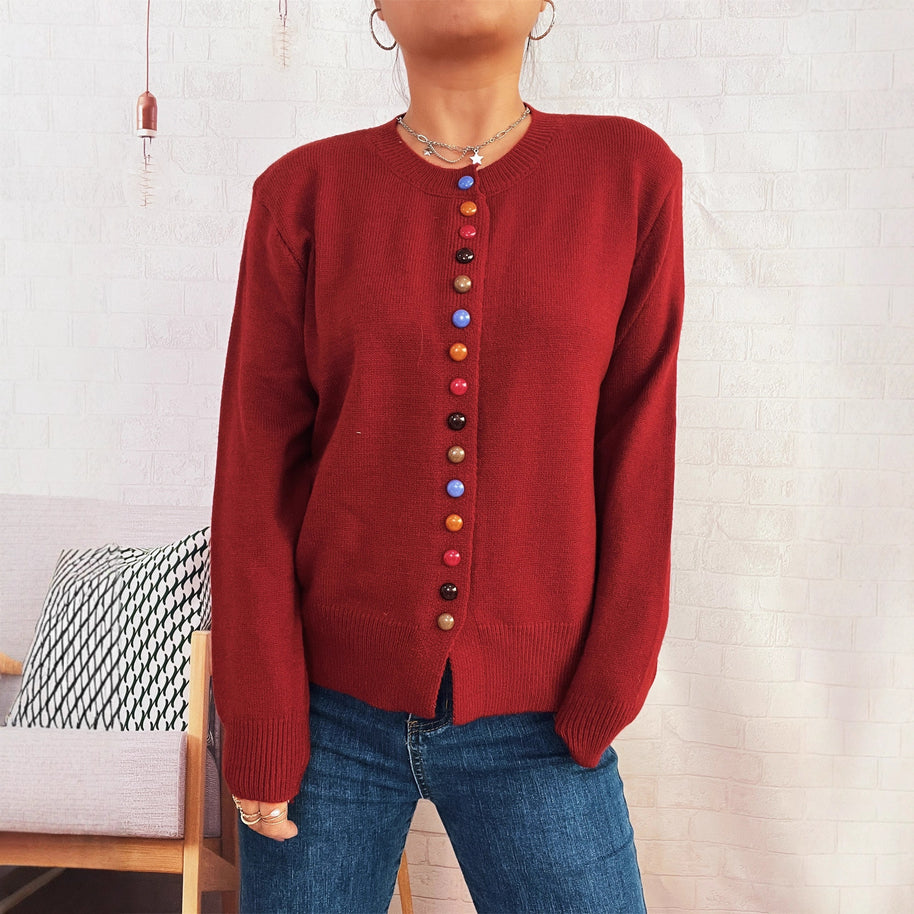 Damen stilvolle Strickjacke mit bunten Knöpfen WW