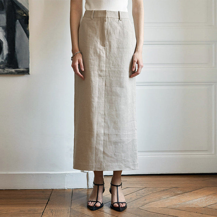 Damen Leinen Maxi-Rock mit hoher Taille und eleganten Bügelfalten W&W Mode