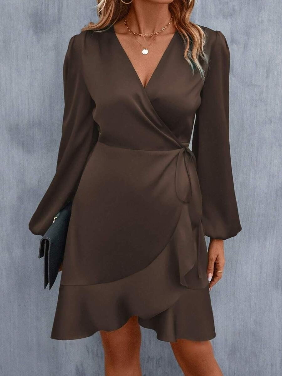 WW | V-Ausschnitt Kleid Satin Taille Eng Niedrig Ausschnitt Lässig Midi Kleid Süß Frauen Kleidung