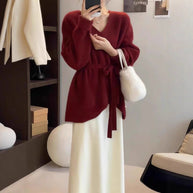 Damen Strickpullover mit V-Ausschnitt und Taillengürtel WW