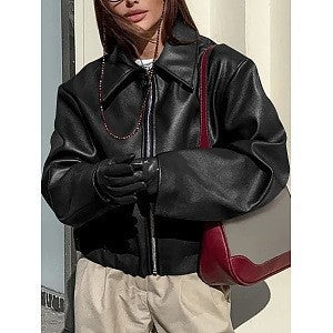 Damen Kunstlederjacke mit Oversized-Schnitt und klassischem Kragen WW