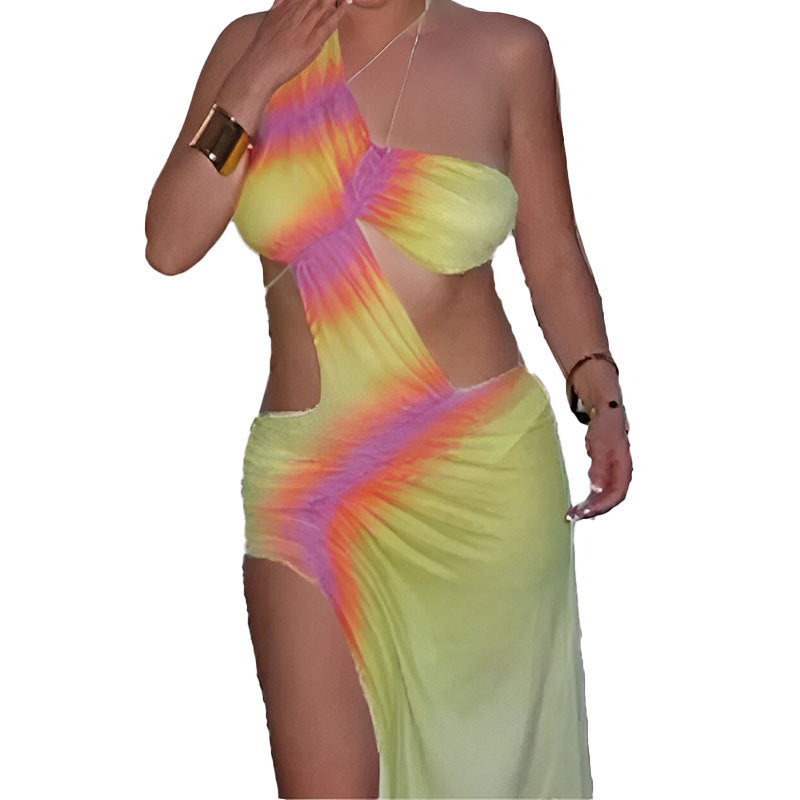 Damen Strandkleid mit asymmetrischem Schnitt und farbenfrohem Batik-Design W&W Mode