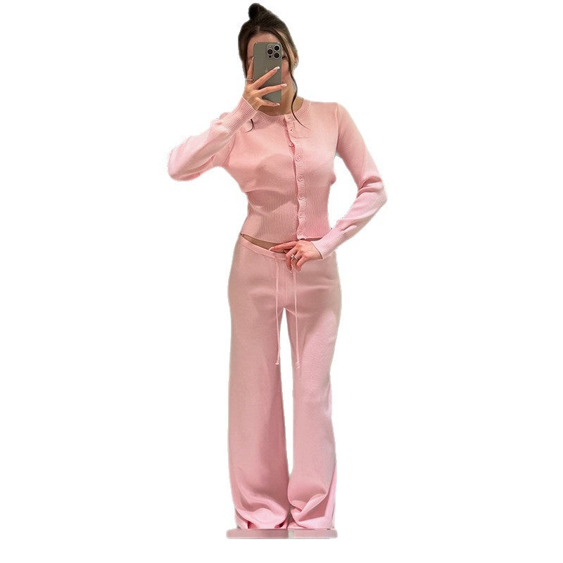 Damen Bequemes Strick-Loungewear-Set mit Knopfleiste WW