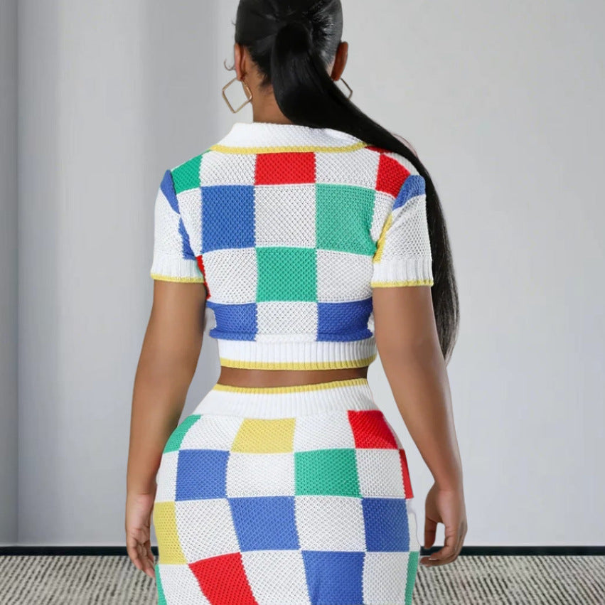 Damen Set aus modischem Crop-Top und figurbetonendem Rock mit Knopfdetails WW