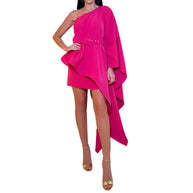 Damen asymmetrisches Cocktailkleid mit weitem Kapellenärmel und eleganter Gürtelschnalle WW