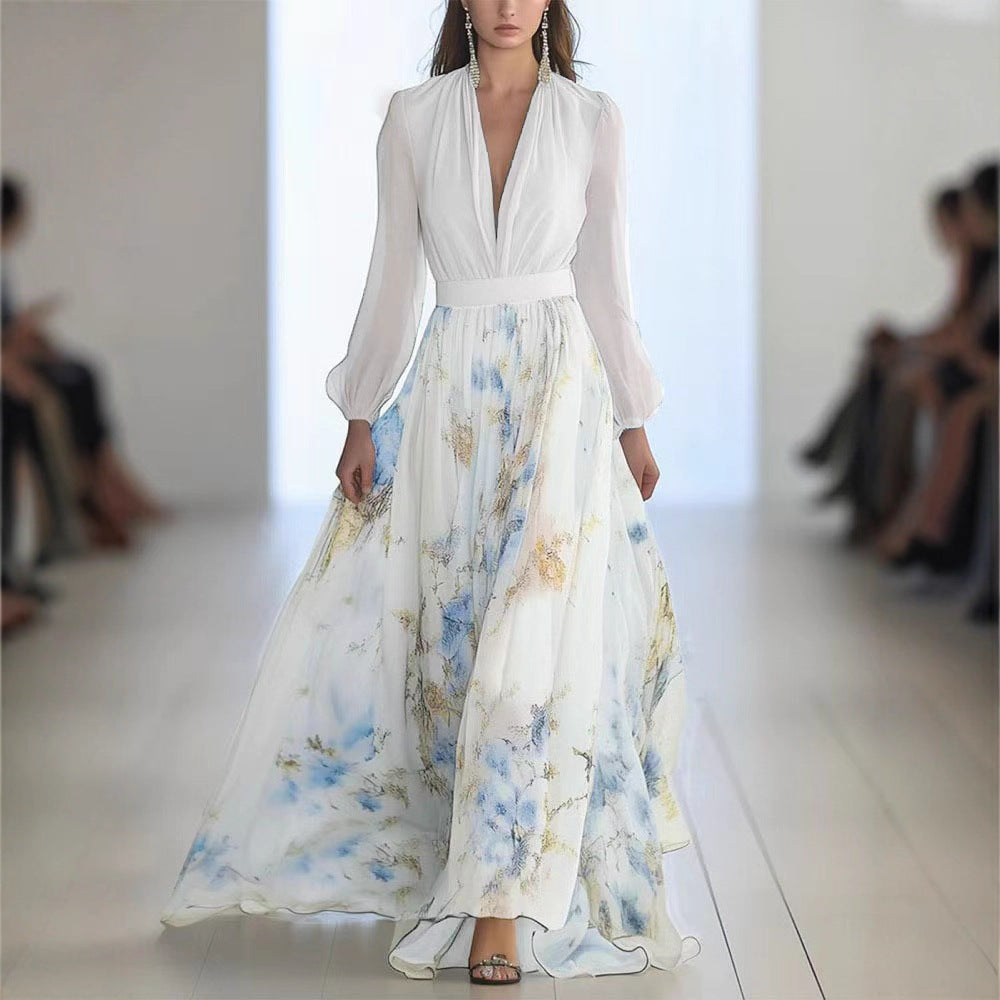 Damen Maxikleid mit floralem Chiffon und eleganten Puffärmeln WW