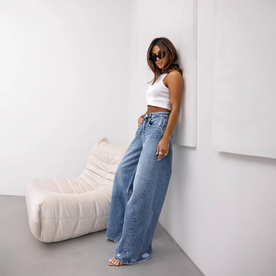 Damen weite High-Waist Jeans mit Distressed-Details WW