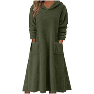Damen Kuscheliger Fleece-Kleid mit Kapuze und praktischen Taschen WW