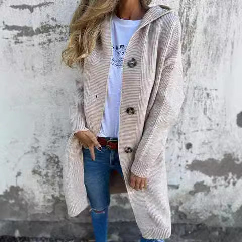 Damen Strickjacke mit Kapuze und Knöpfen WW