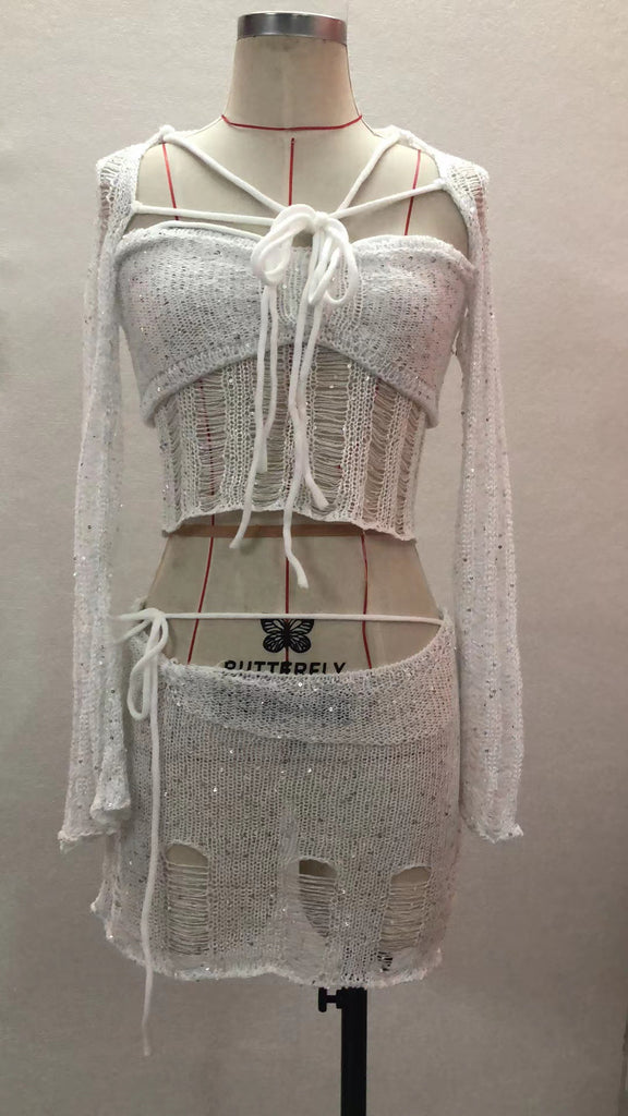 Damen Lässiges Urlaubskleid im offenen Strickdesign mit schimmernden Pailletten WW